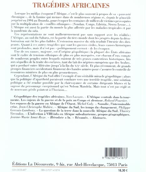 Quatrième de couverture de « HERODOTE NUMERO 111 - TRAGEDIES AFRICAINES »