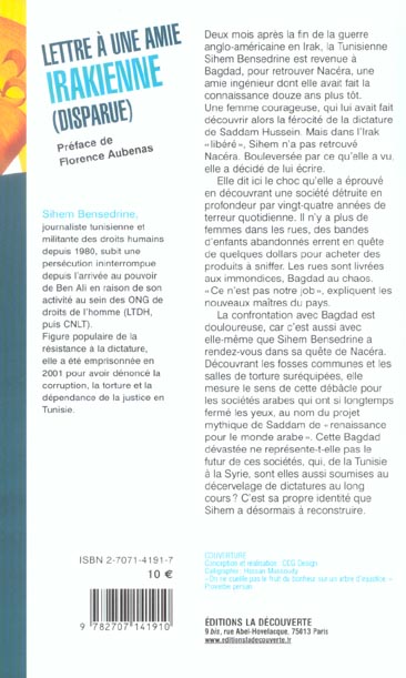 Quatrième de couverture de « LETTRE A UNE AMIE IRAKIENNE (DISPARUE) »