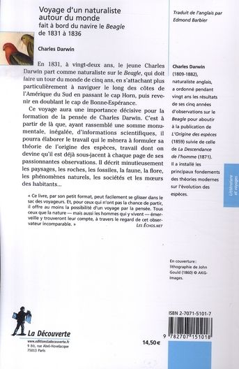 Quatrième de couverture de « VOYAGE D'UN NATURALISTE AUTOUR DU MONDE »