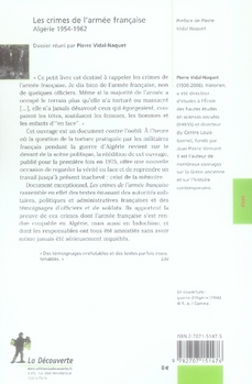 Quatrième de couverture de « LES CRIMES DE L'ARMEE FRANCAISE EN ALGERIE 1954-1962 »