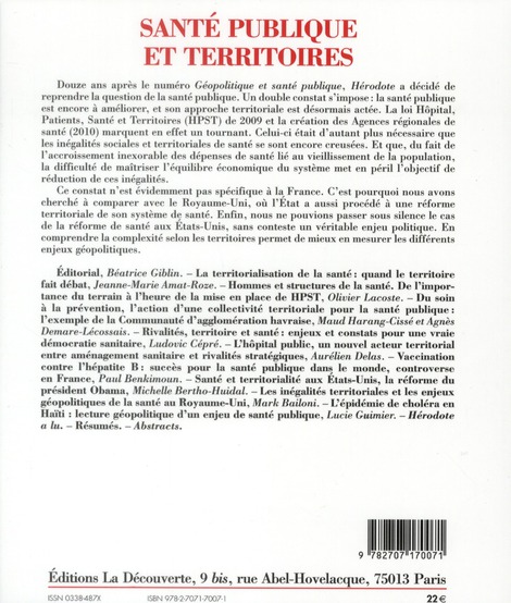 Quatrième de couverture de « HERODOTE NUMERO 143 - SANTE PUBLIQUE ET TERRITOIRES »