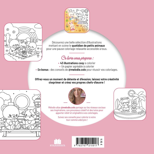 Quatrième de couverture de « ANIMAUX COSY - LES CARRES COLORIAGE - 43 MOMENTS DE VIE COSY A COLORIER »