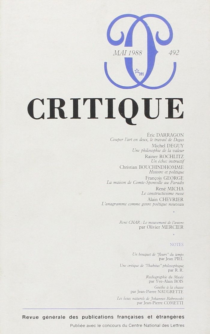 Couverture du livre « CRITIQUE 492 » de Collectif, librairie Les Contes Infusés à Corte