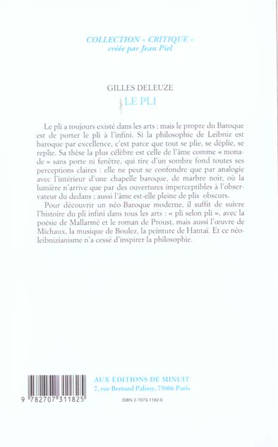 Quatrième de couverture de « LE PLI LEIBNIZ ET LE BAROQUE »