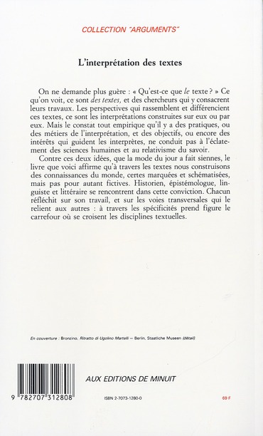 Quatrième de couverture de « L'INTERPRETATION DES TEXTES »
