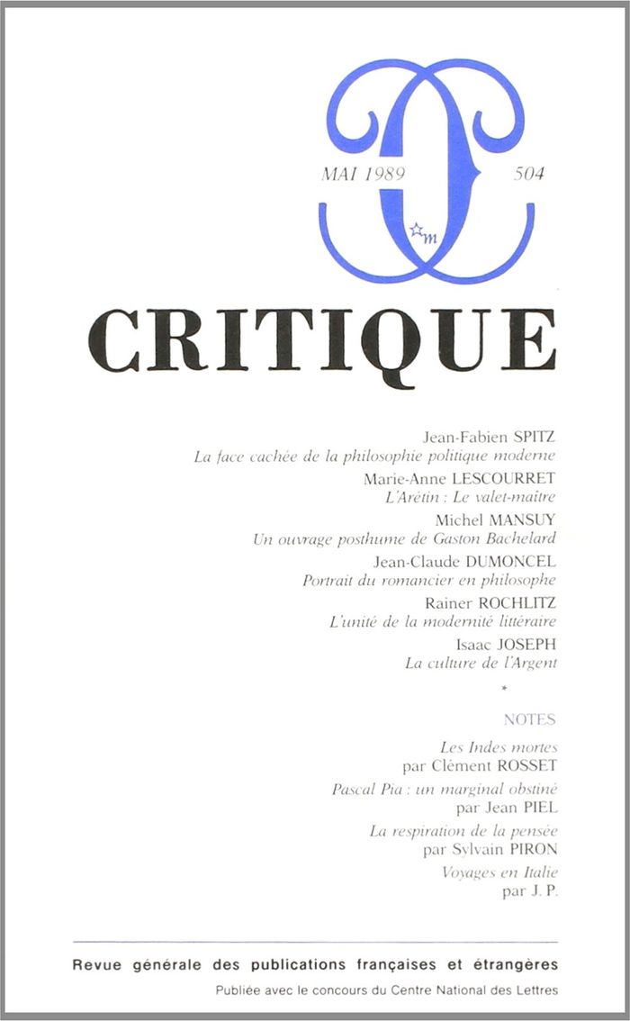 Couverture du livre « CRITIQUE 504 » de Collectif, librairie Les Contes Infusés à Corte