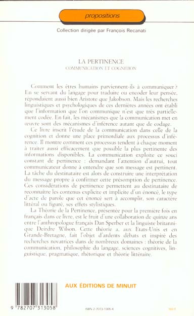 Quatrième de couverture de « LA PERTINENCE - COMMUNICATION ET COGNITION »