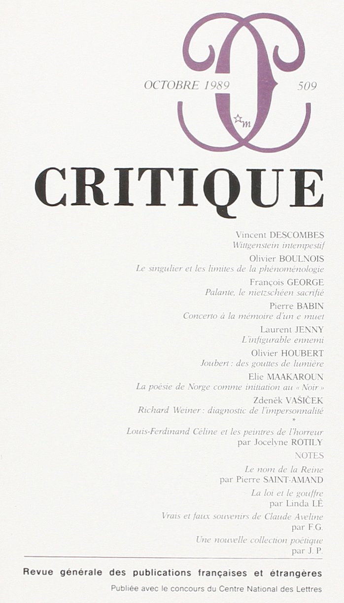 Couverture du livre « CRITIQUE 509 » de Collectif, librairie Les Contes Infusés à Corte