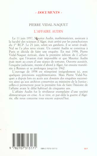 Quatrième de couverture de « L'AFFAIRE AUDIN 1957-1978 »