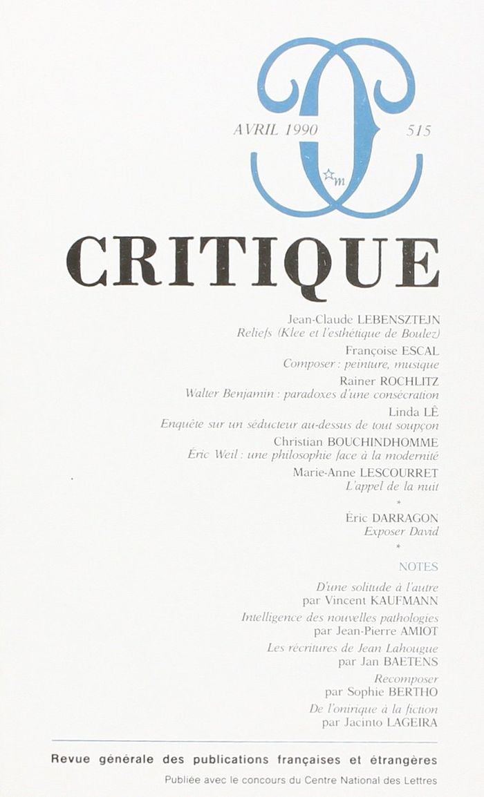 Couverture du livre « CRITIQUE 515 » de Collectif, librairie Les Contes Infusés à Corte