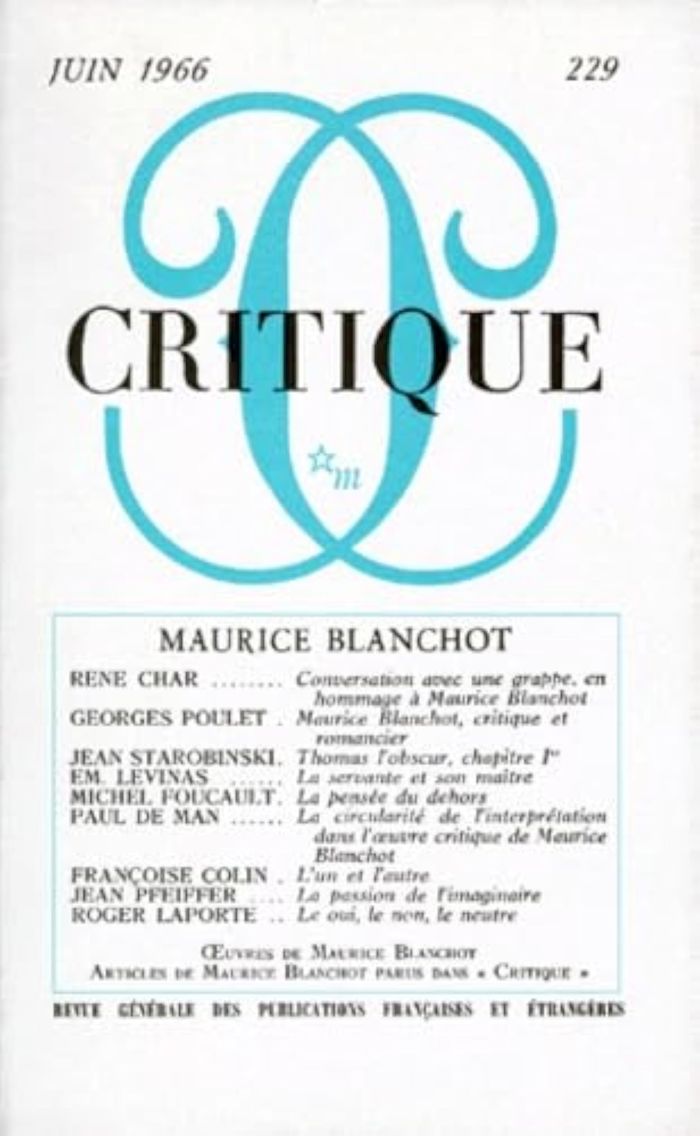 Couverture du livre « CRITIQUE 229 MAURICE BLANCHOT » de Collectif, librairie Les Contes Infusés à Corte