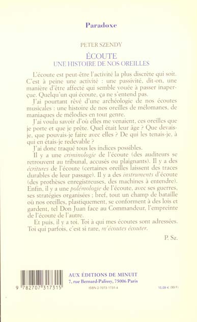 Quatrième de couverture de « ECOUTE, UNE HISTOIRE DE NOS OREILLES »