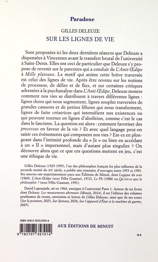 Quatrième de couverture de « Sur les lignes de vie : cours, mai-juin 1980 »