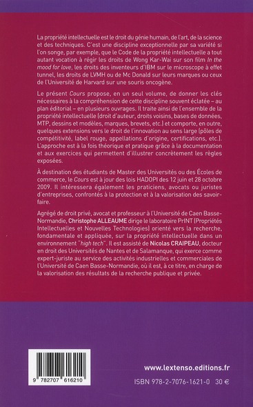 Quatrième de couverture de « PROPRIETE INTELLECTUELLE »