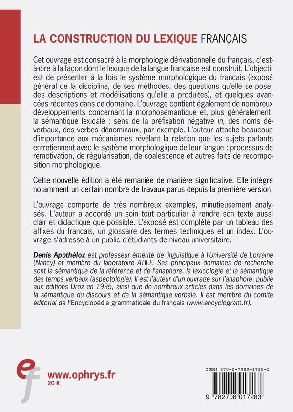 Quatrième de couverture de « La construction du lexique français : principes de morphologie dérivationnelle »