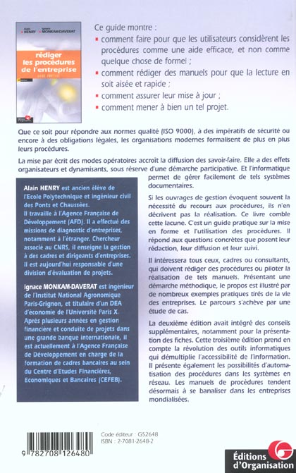 Quatrième de couverture de « REDIGER LES PROCEDURES DE L'ENTREPRISE - GUIDE PRATIQUE »