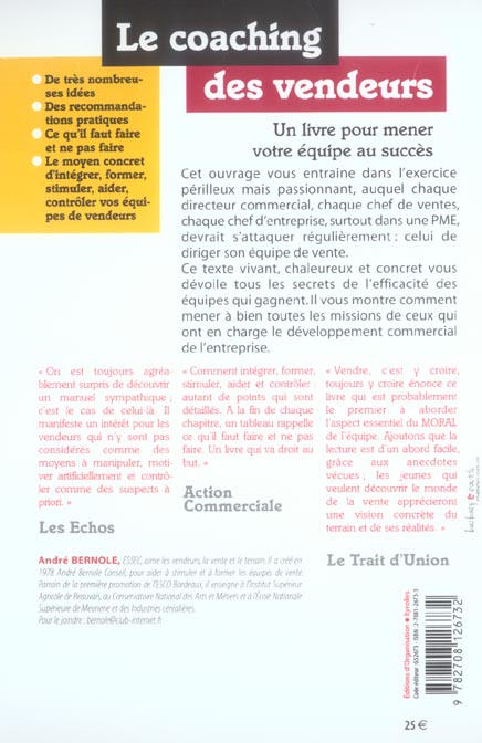 Quatrième de couverture de « LE COACHING DES VENDEURS - MENEZ VOTRE EQUIPE AU SUCCES »