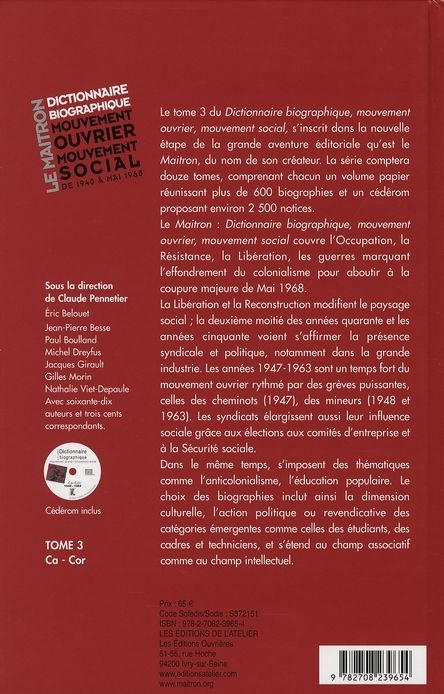 Quatrième de couverture de « LE MAITRON - DICTIONNAIRE BIOGRAPHIQUE DU MOUVEMENT OUVRIER »