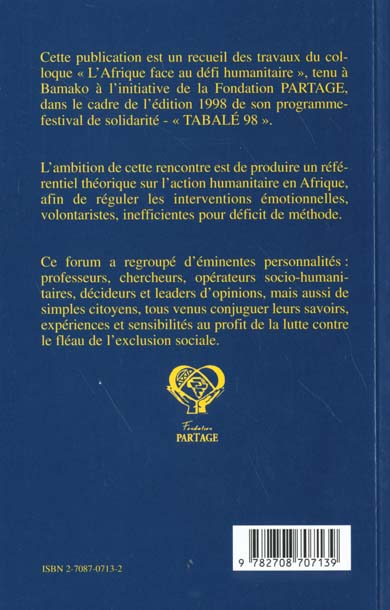 Quatrième de couverture de « L'AFRIQUE FACE AU DEFI HUMANITAIRE »