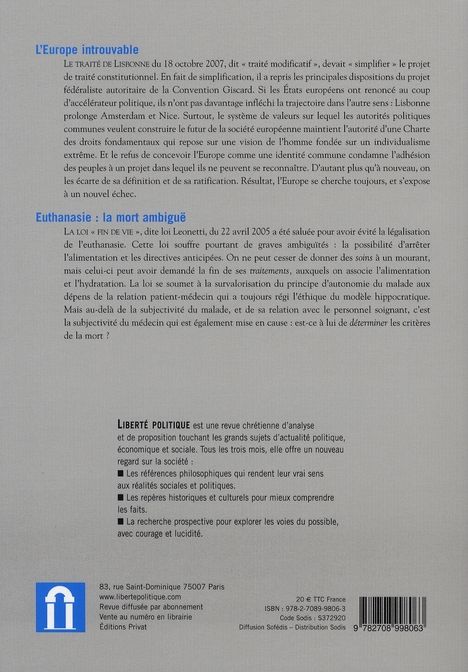 Quatrième de couverture de « LIBERTE POLITIQUE N39 12-2007 »