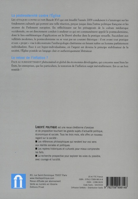 Quatrième de couverture de « LIBERTE POLITIQUE N47 DEC2009 »