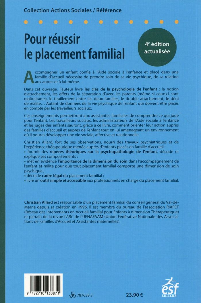 Quatrième de couverture de « POUR REUSSIR LE PLACEMENT FAMILIAL »
