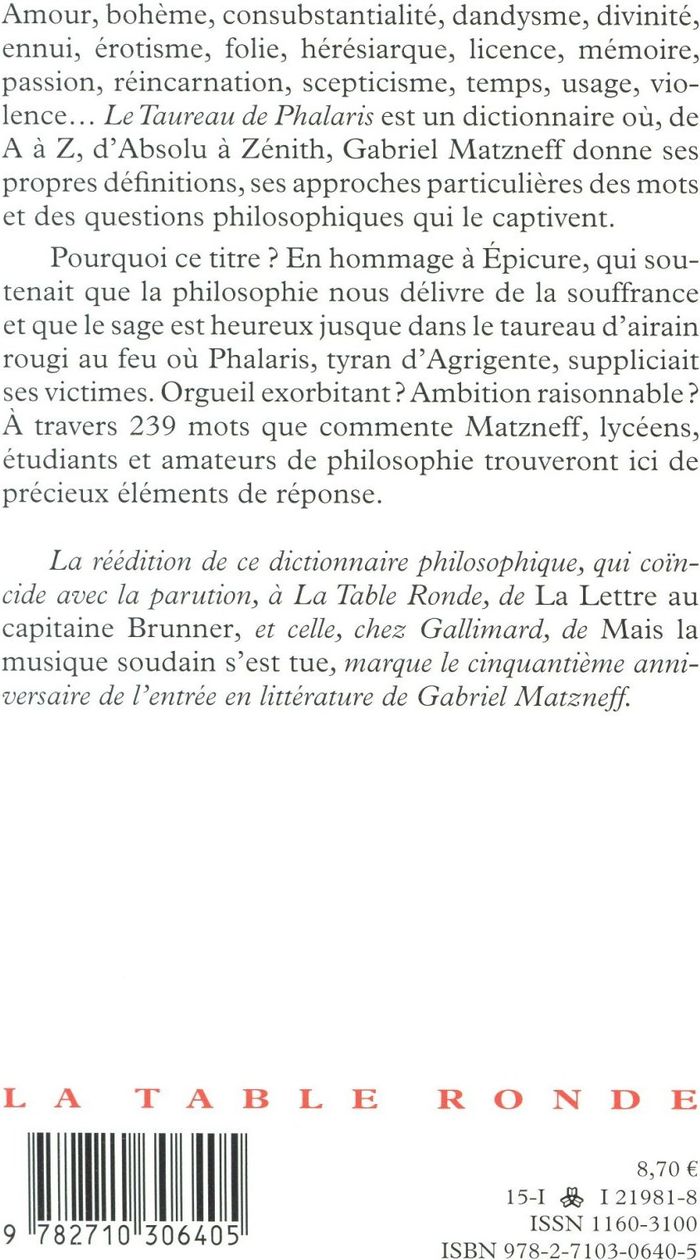 Quatrième de couverture de « LE TAUREAU DE PHALARIS - DICTIONNAIRE PHILOSOPHIQUE »