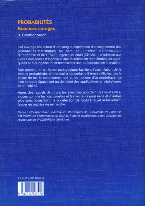 Quatrième de couverture de « PROBABILITES - EXERCICES CORRIGES »