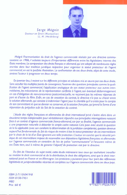 Quatrième de couverture de « LE CONTRAT D AGENCE COMMERCIALE EN DROIT FRANCAIS ET ALLEMAND »