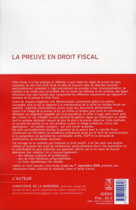 Quatrième de couverture de « LA PREUVE EN DROIT FISCAL »