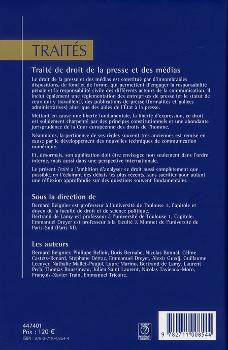 Quatrième de couverture de « TRAITE DE DROIT DE LA PRESSE ET DES MEDIAS »