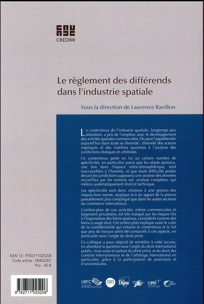 Quatrième de couverture de « LE REGLEMENT DES DIFFERENDS DANS L INDUSTRIE SPATIALE »