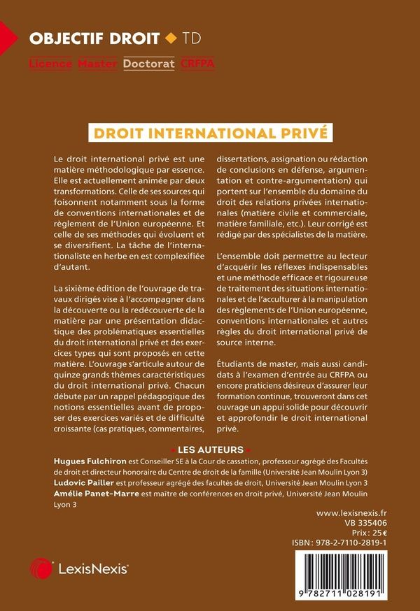 Quatrième de couverture de « Droit international privé »