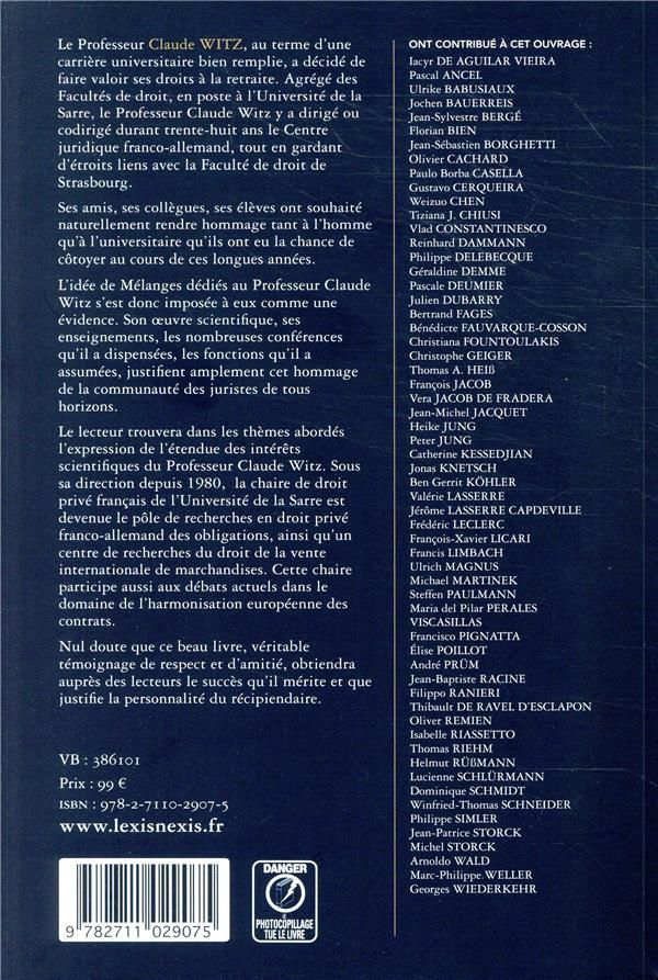 Quatrième de couverture de « MELANGES EN L HONNEUR DU PROFESSEUR CLAUDE WITZ »