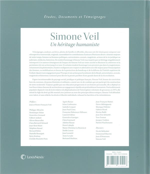Quatrième de couverture de « SIMONE VEIL UN HERITAGE HUMANISTE »