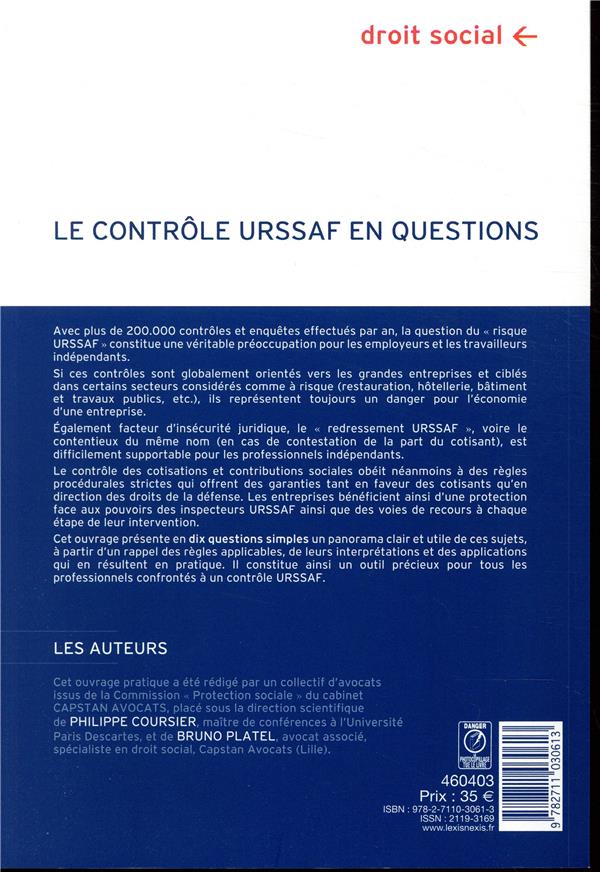 Quatrième de couverture de « LE CONTROLE URSSAF EN QUESTIONS »