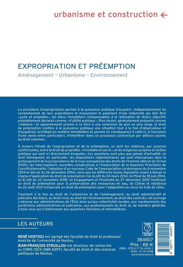 Quatrième de couverture de « Expropriation et préemption : aménagement, urbanisme, environnement »