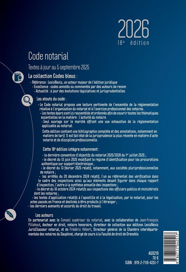 Quatrième de couverture de « Code notarial, 2026 »
