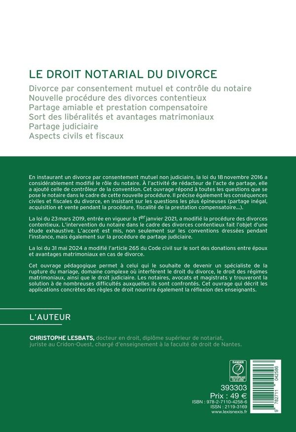 Quatrième de couverture de « Le droit notarial du divorce »