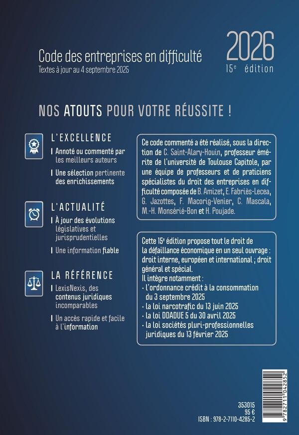 Quatrième de couverture de « Code des entreprises en difficulté, 2026 »