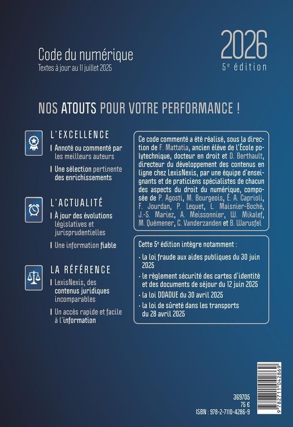 Quatrième de couverture de « Code du numérique, 2026 »