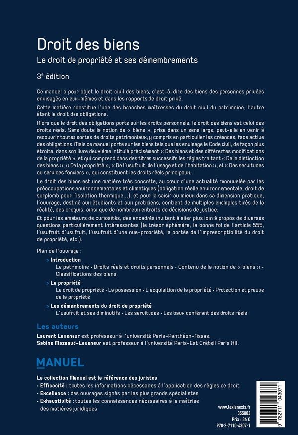 Quatrième de couverture de « Droit des biens : le droit de propriété et ses démembrements »