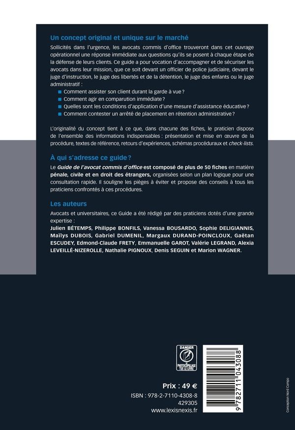 Quatrième de couverture de « Guide de l'avocat commis d'office, 25-26 : droit pénal, droit civil, droit des étrangers »