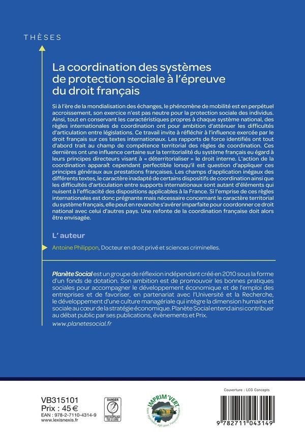 Quatrième de couverture de « La coordination des systèmes de protection sociale à l'épreuve du droit français »