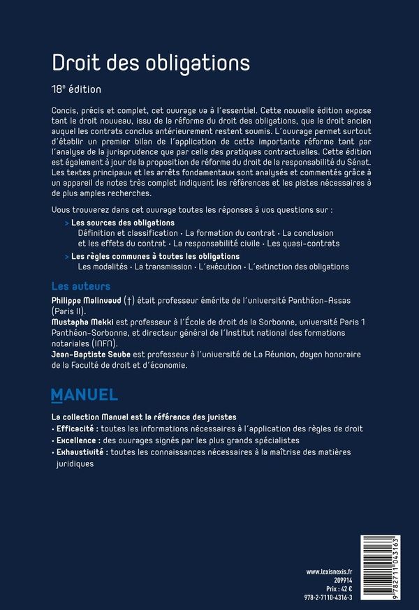 Quatrième de couverture de « Droit des obligations »