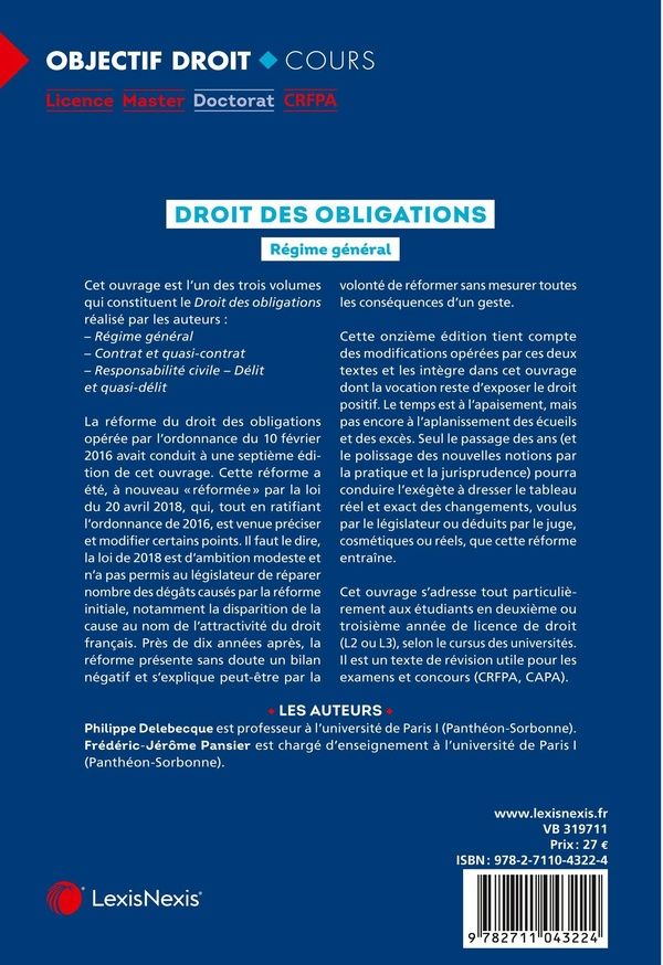 Quatrième de couverture de « Droit des obligations : régime général »
