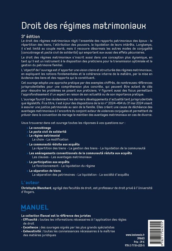 Quatrième de couverture de « Droit des régimes matrimoniaux »