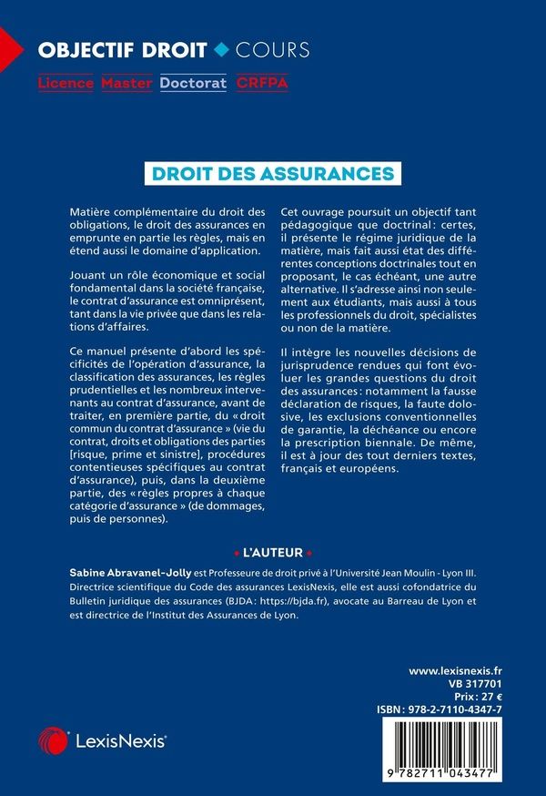 Quatrième de couverture de « Droit des assurances »