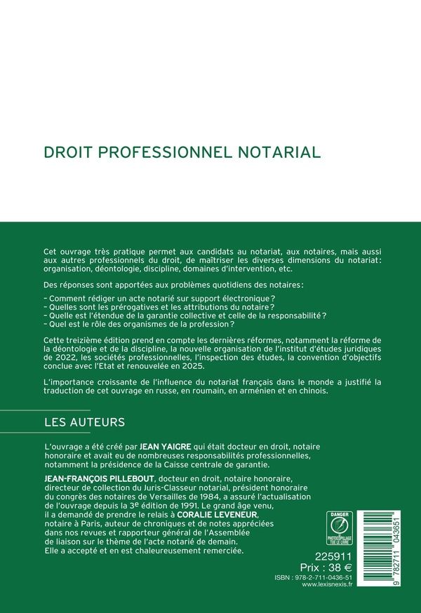 Quatrième de couverture de « Droit professionnel notarial »