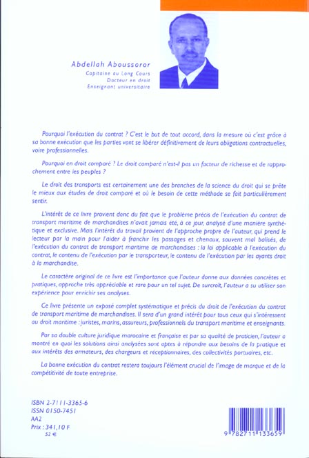 Quatrième de couverture de « L EXECUTION DU CONTRAT DE TRANSPORT MARITIME DE MARCHANDISES EN DT MAROCAIN ET EN DT FRANCAIS »